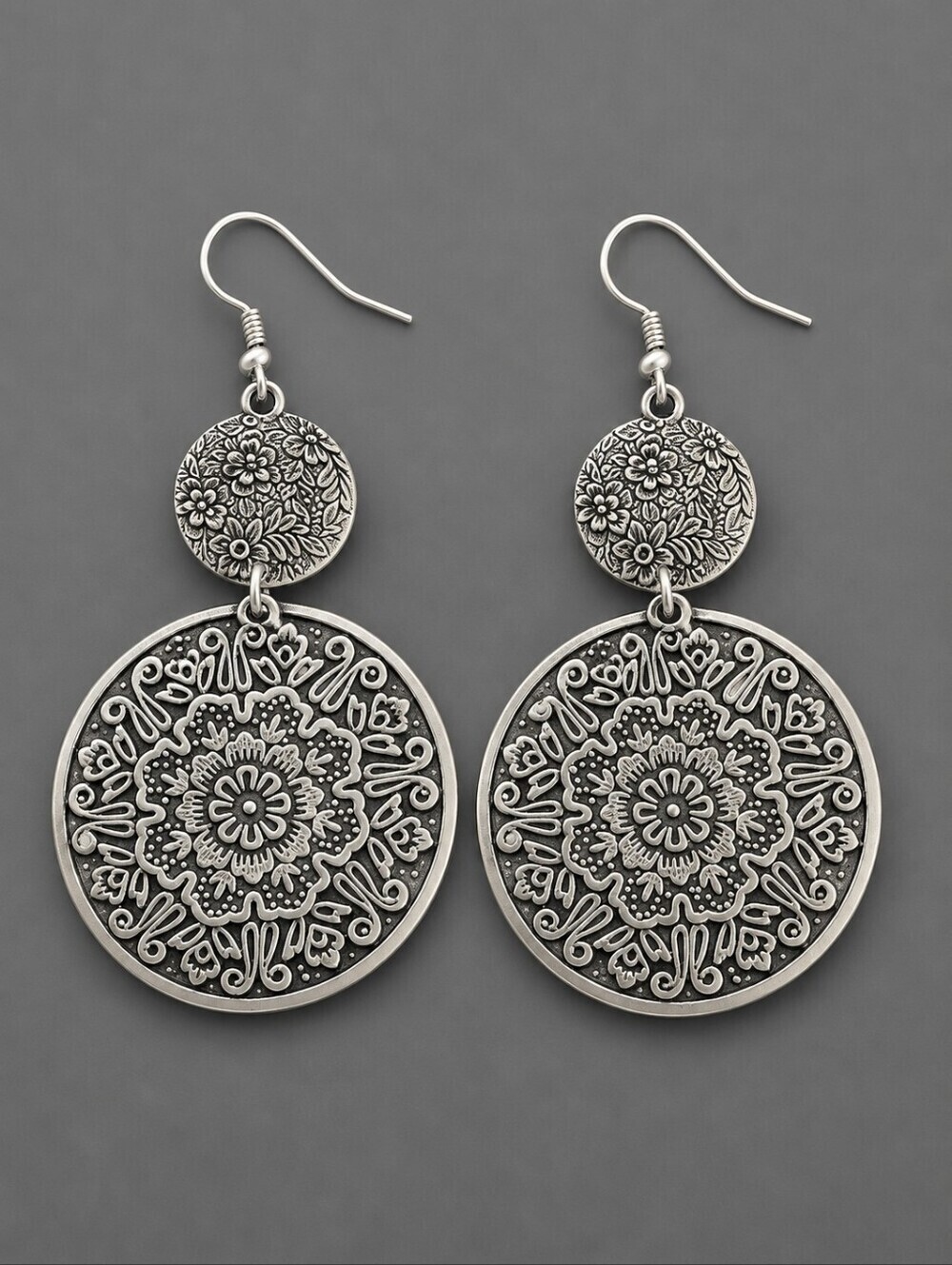 Vintage Large Floral Mandala Metal Circle Festival Dangle Hook Earrings